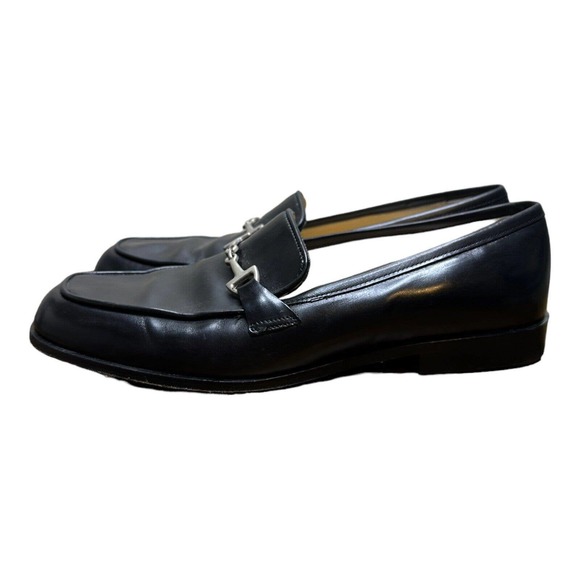 ANN TAYLOR BLACK LEATHER LOAFERS BLOCK HEELS SILVER EQUINE ACCENT 8M Italy - Picture 6 of 9